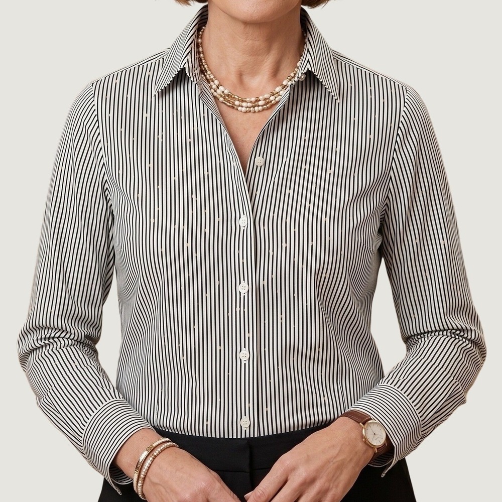 Chicos Womens Size 1 Striped Metallic Polka Dot Button Down Shirt Black White
